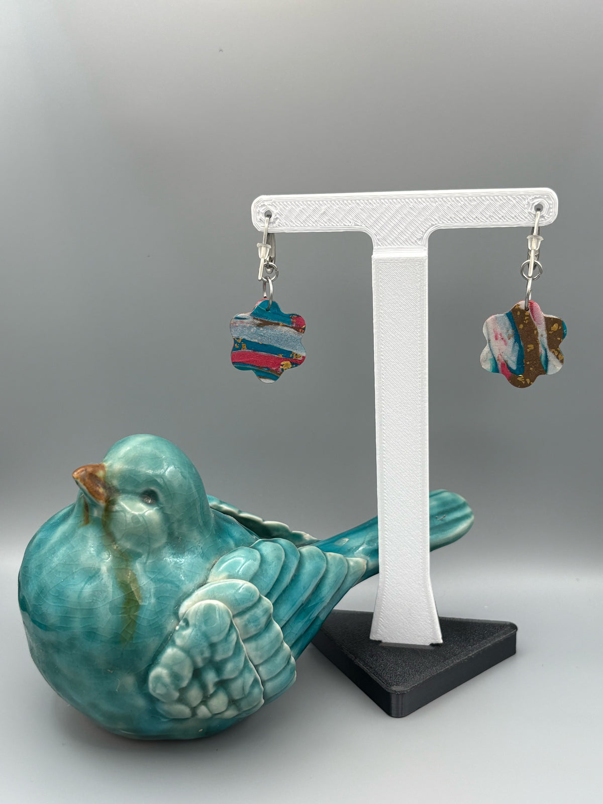 Gilded Peacock Marble Flower Dangle Earrings - handcrafted polymer clay earrings by Lakeside Clay