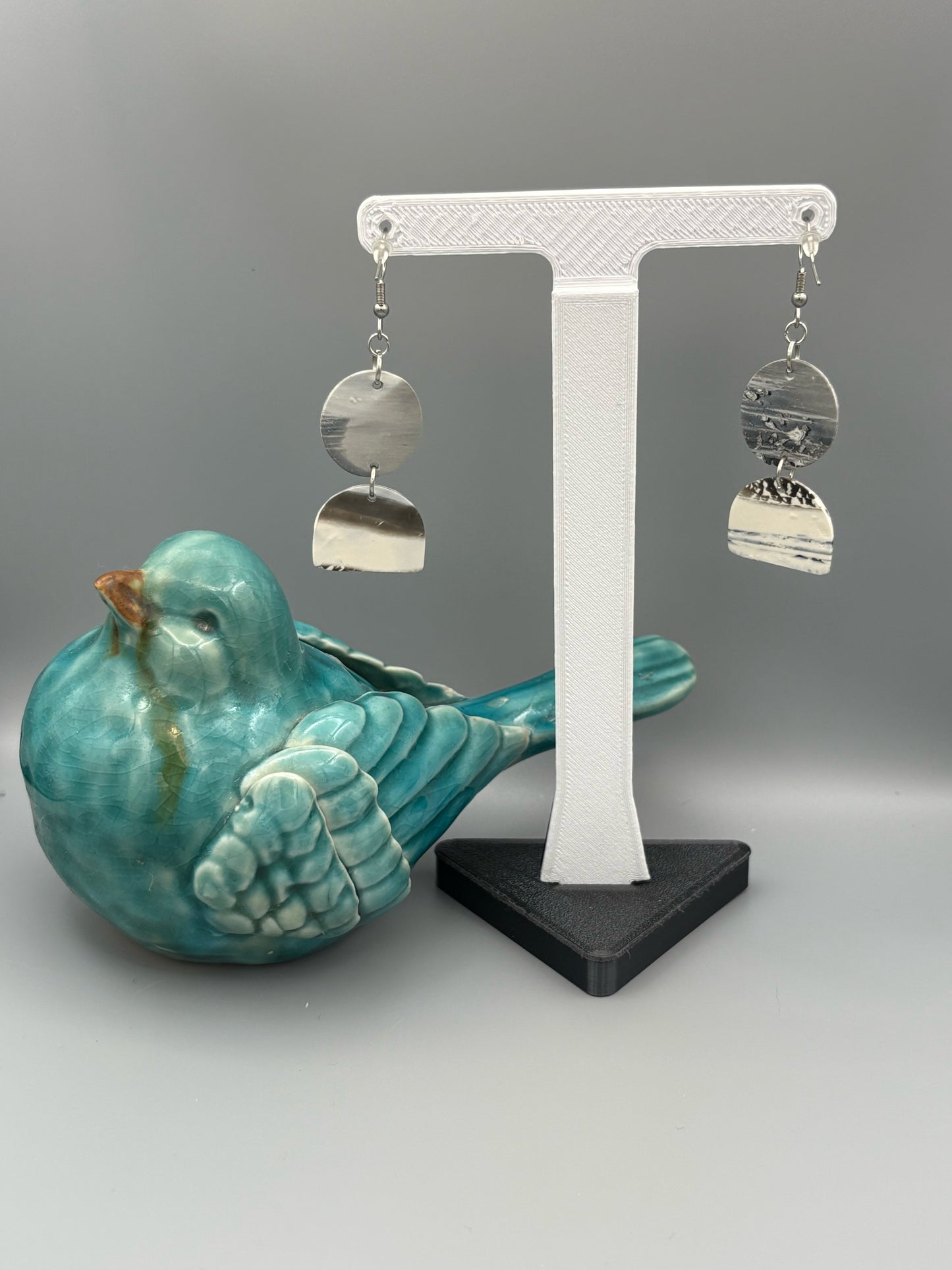 Snowstorm Circle & Semi Dangle Earrings - handcrafted polymer clay earrings by Lakeside Clay