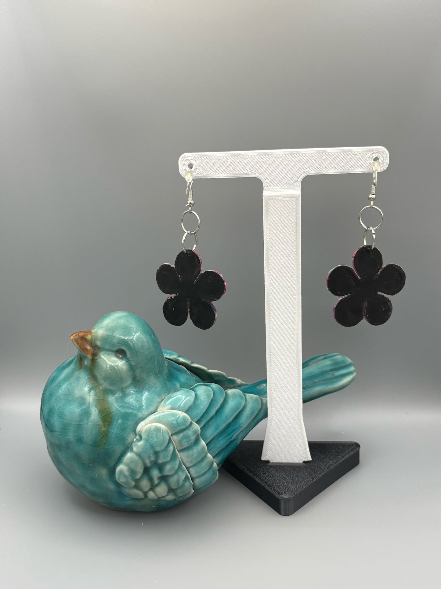 Retro Pattern Flower Dangle Earrings - handcrafted polymer clay earrings by Lakeside Clay