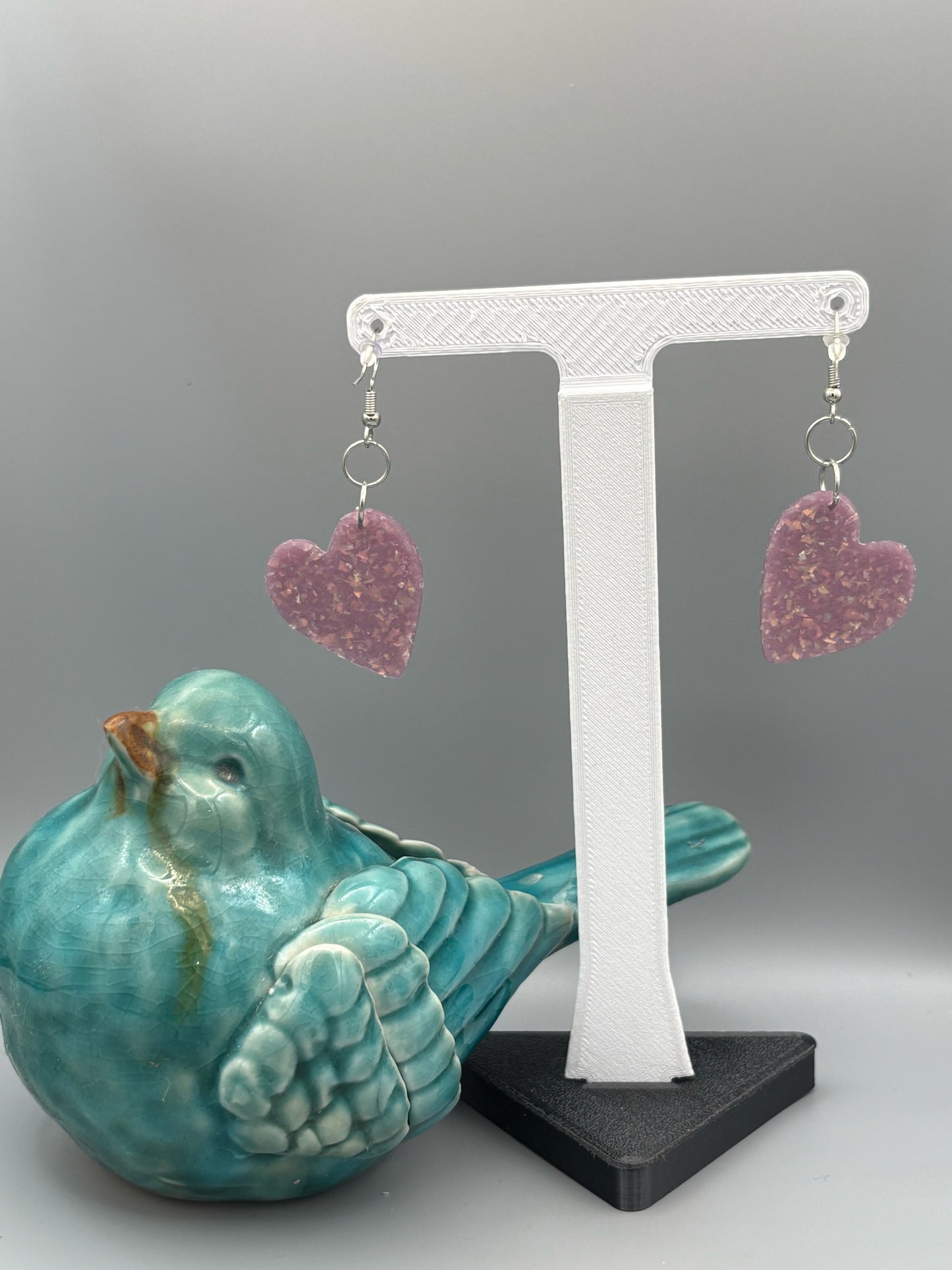 Purple Opalescent Heart Dangle Earrings - handcrafted polymer clay earrings by Lakeside Clay