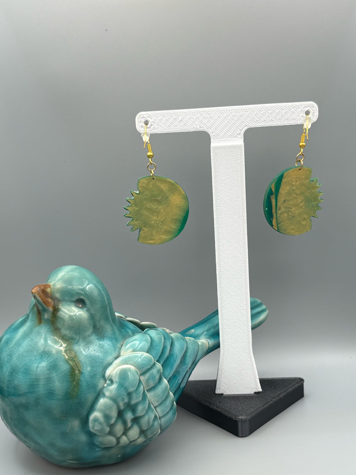 Green & Gold Sun & Moon Dangle Earrings - handcrafted polymer clay earrings by Lakeside Clay