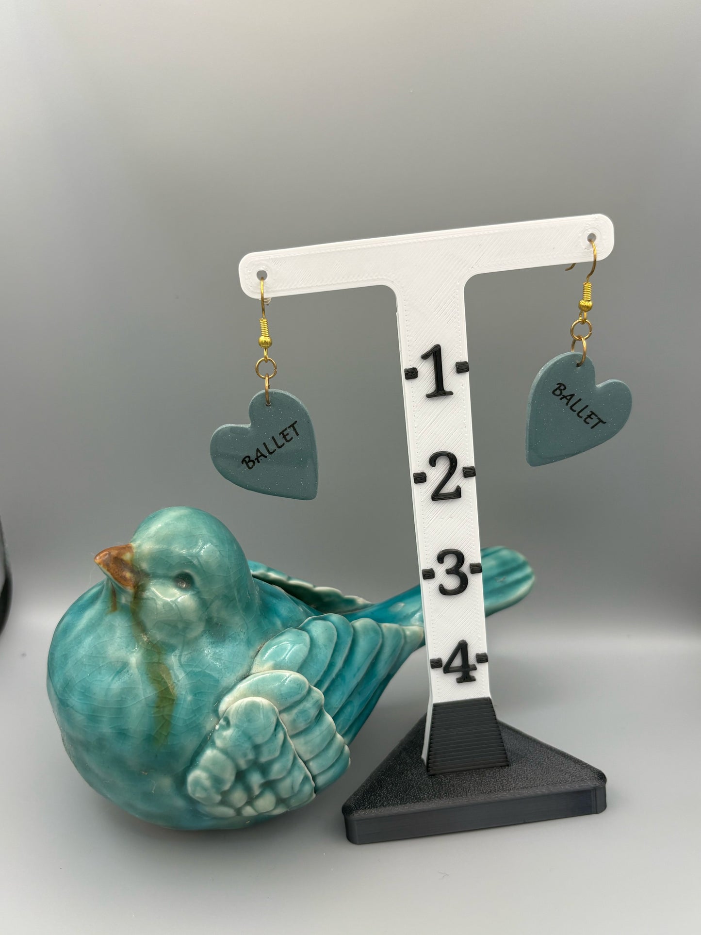 Dusty Blue Ballet Heart Dangle Earrings - handcrafted polymer clay earrings by Lakeside Clay
