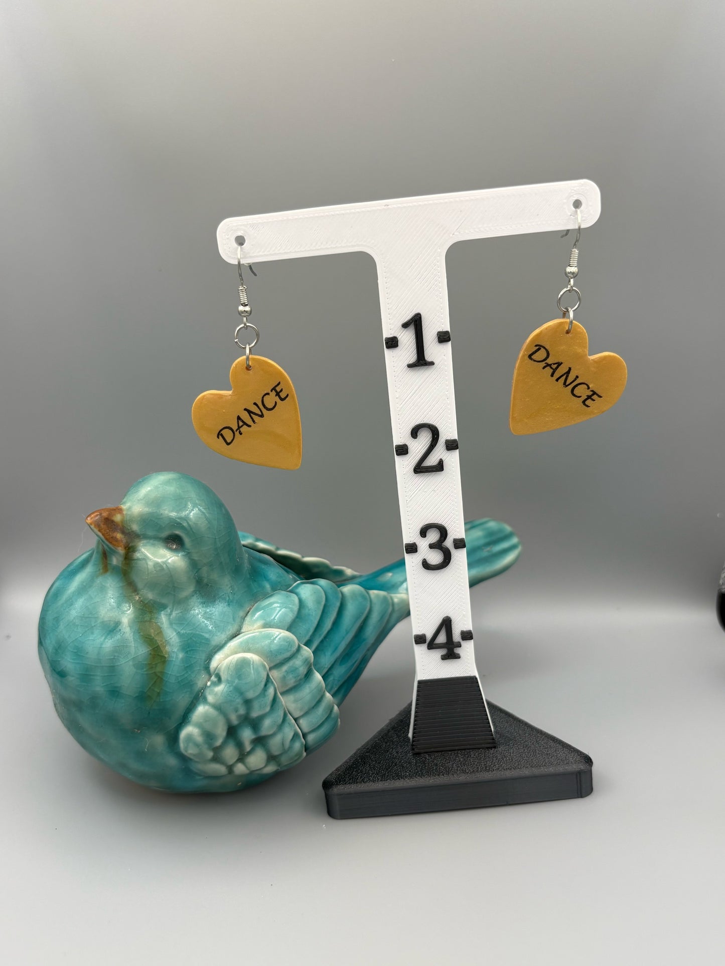 Gold Dance Heart Dangle Earrings - handcrafted polymer clay earrings by Lakeside Clay