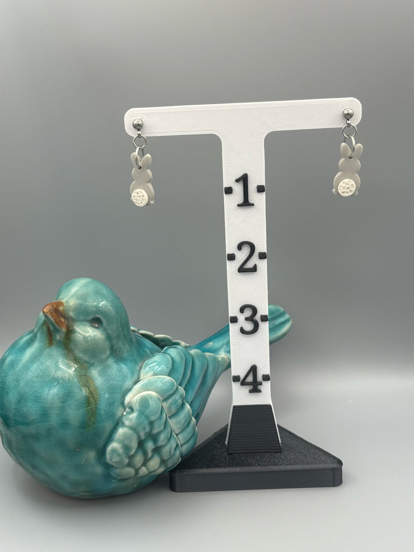 Grey Bunny Butt Dangle Earrings - handcrafted polymer clay earrings by Lakeside Clay