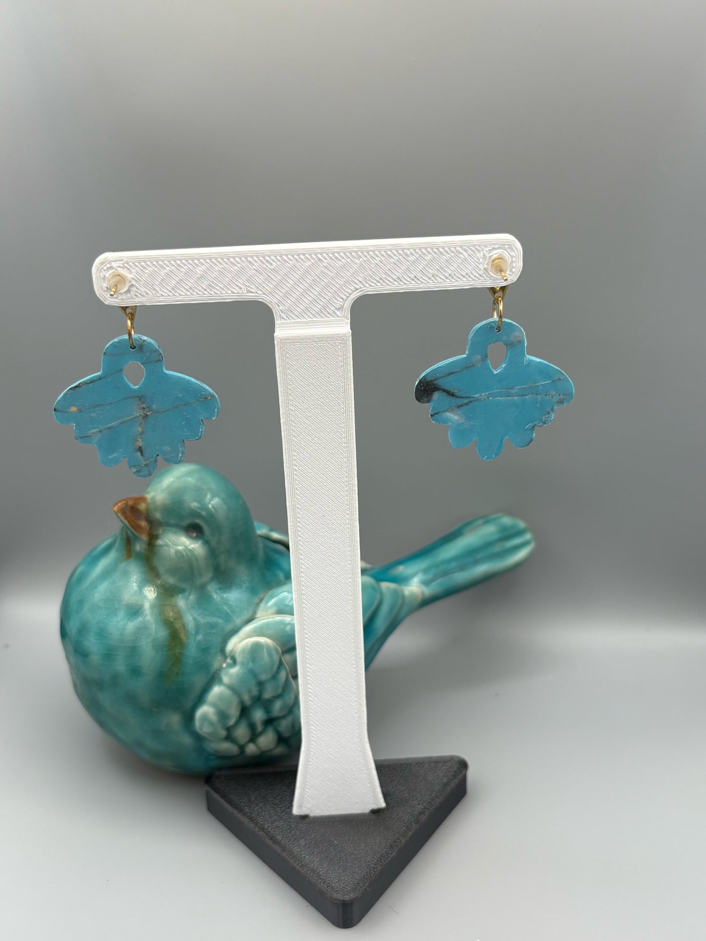 Faux Turquoise Feather Fan Dangle Earrings - handcrafted polymer clay earrings by Lakeside Clay