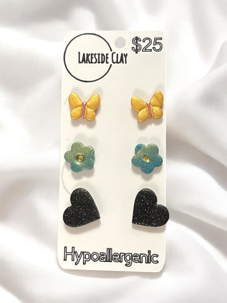 Butterflies, Flowers, Hearts Stud Earrings - handcrafted polymer clay earrings by Lakeside Clay