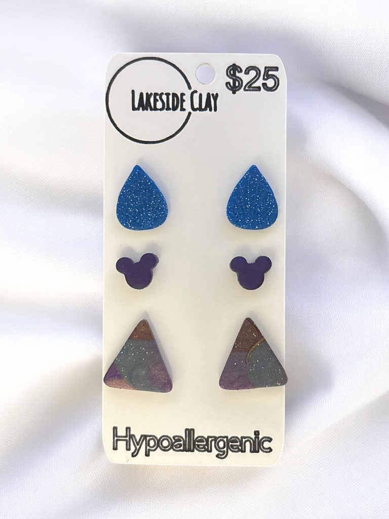 Drops, Mice, Triangles Stud Earrings - handcrafted polymer clay earrings by Lakeside Clay