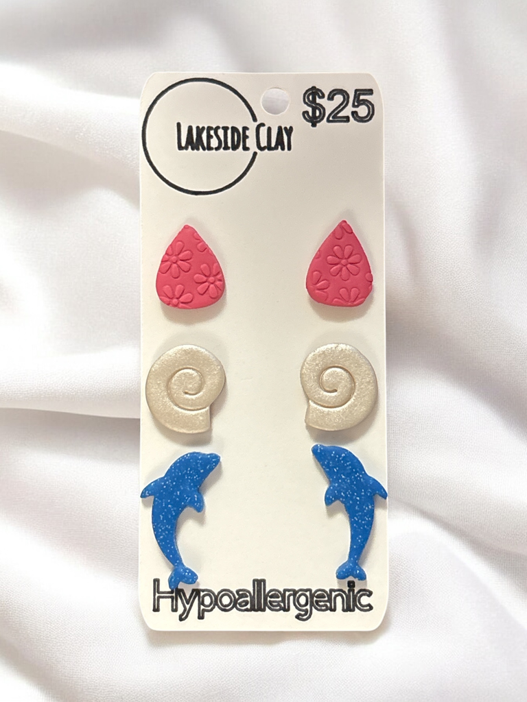 Drops, Swirl Shells, Dolphins Stud Earrings - handcrafted polymer clay earrings by Lakeside Clay