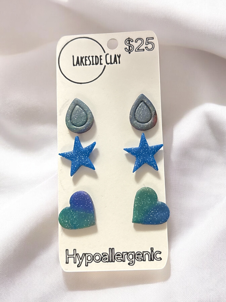 Drops, Stars, Hearts Stud Earrings - handcrafted polymer clay earrings by Lakeside Clay