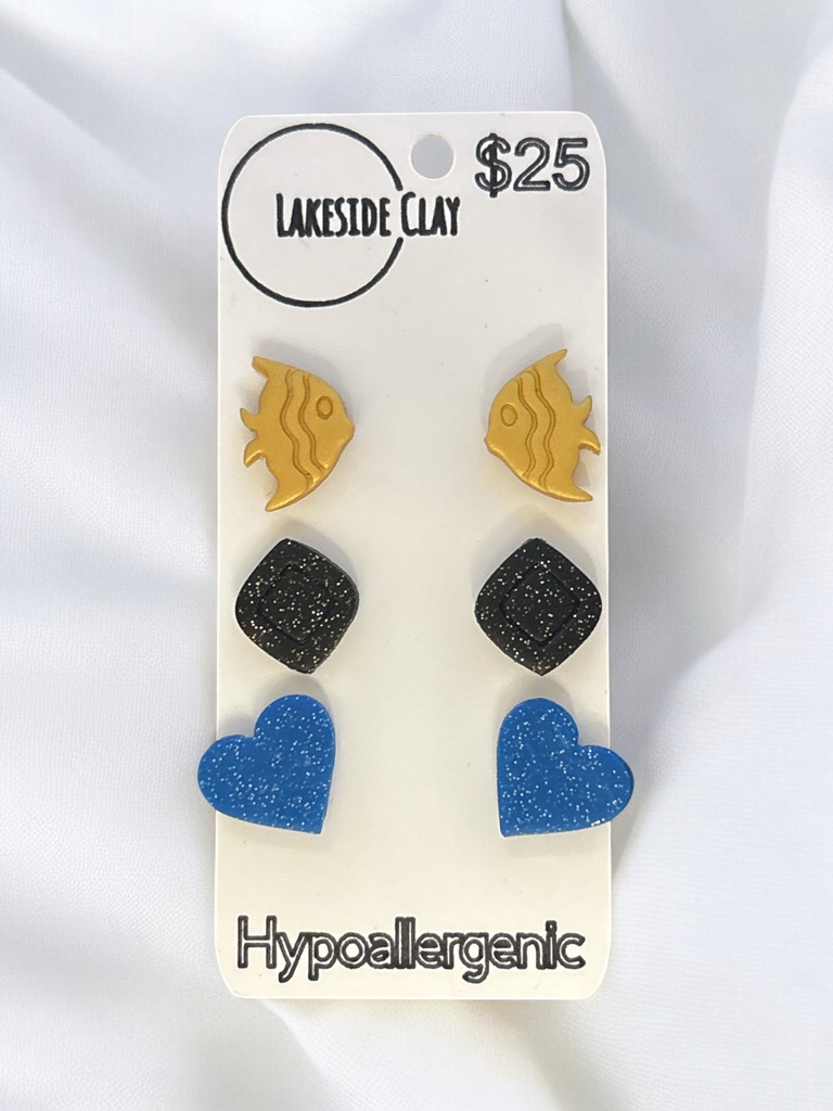 Fish, Diamonds, Hearts Stud Earrings - handcrafted polymer clay earrings by Lakeside Clay
