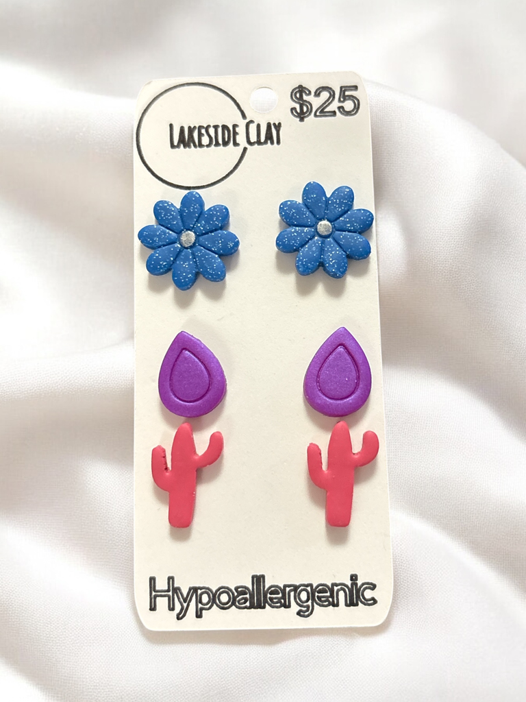 Flowers, Drops, Cactus Stud Earrings - handcrafted polymer clay earrings by Lakeside Clay