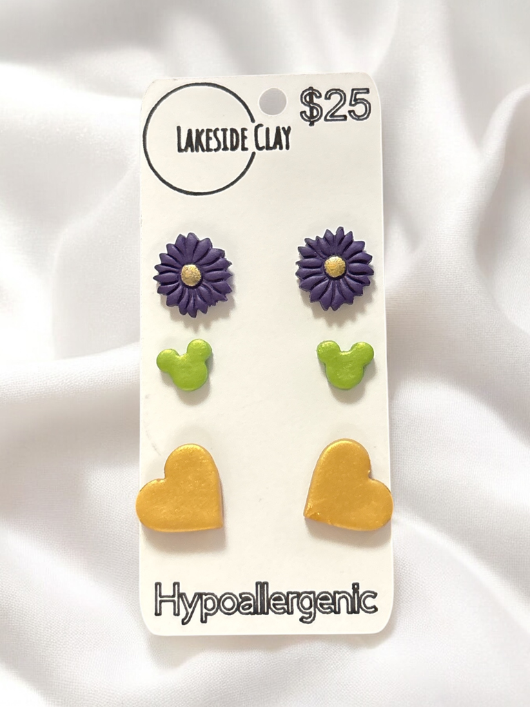 Flowers, Mice, Hearts Stud Earrings - handcrafted polymer clay earrings by Lakeside Clay