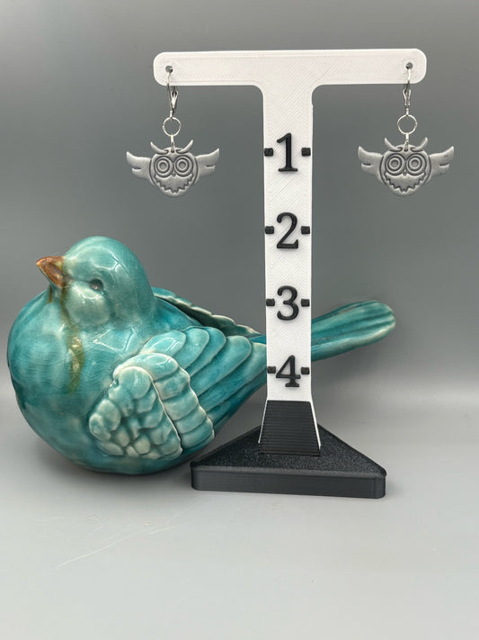 Silver Owl Dangle Earrings - handcrafted polymer clay earrings by Lakeside Clay