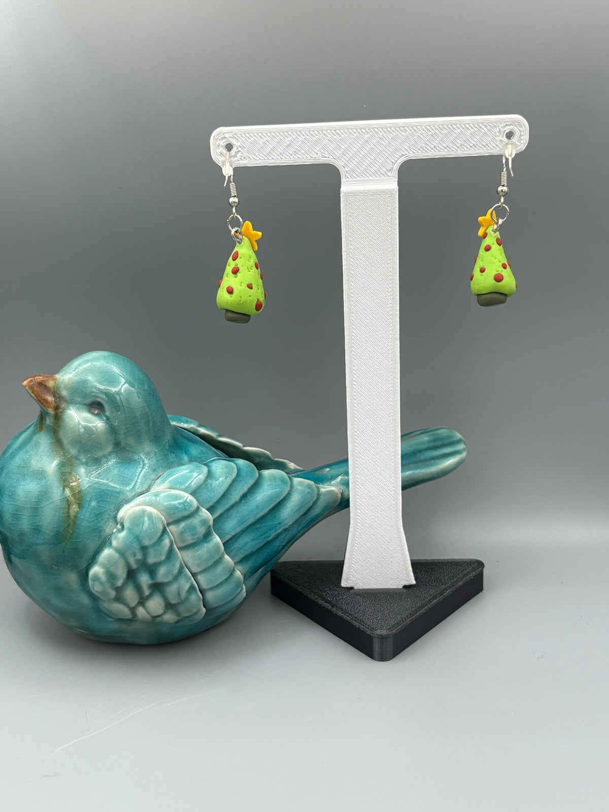 3D Christmas Tree Dangle Earrings - handcrafted polymer clay earrings by Lakeside Clay