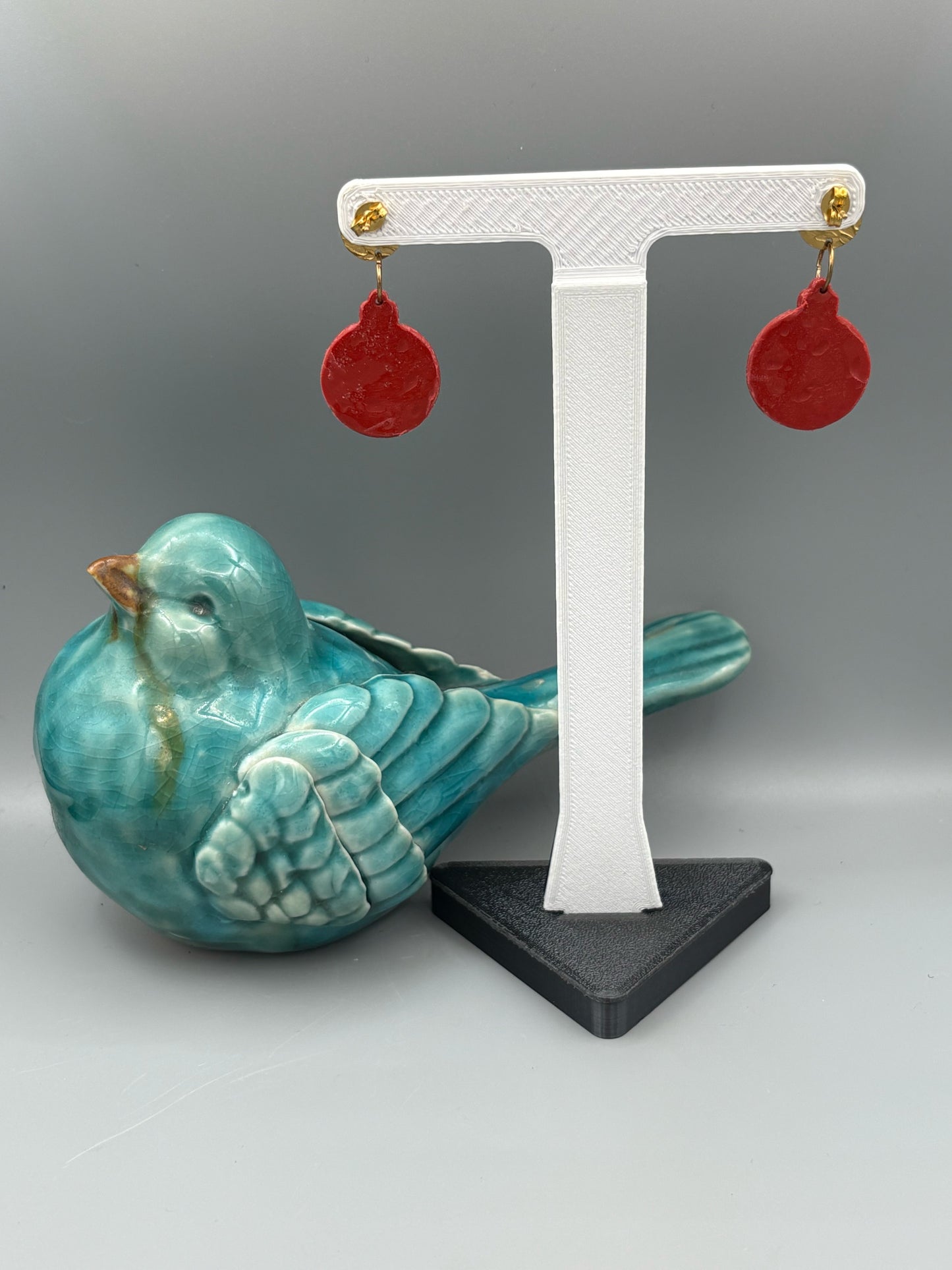 Red & Gold Bauble Dangle Earrings - handcrafted polymer clay earrings by Lakeside Clay