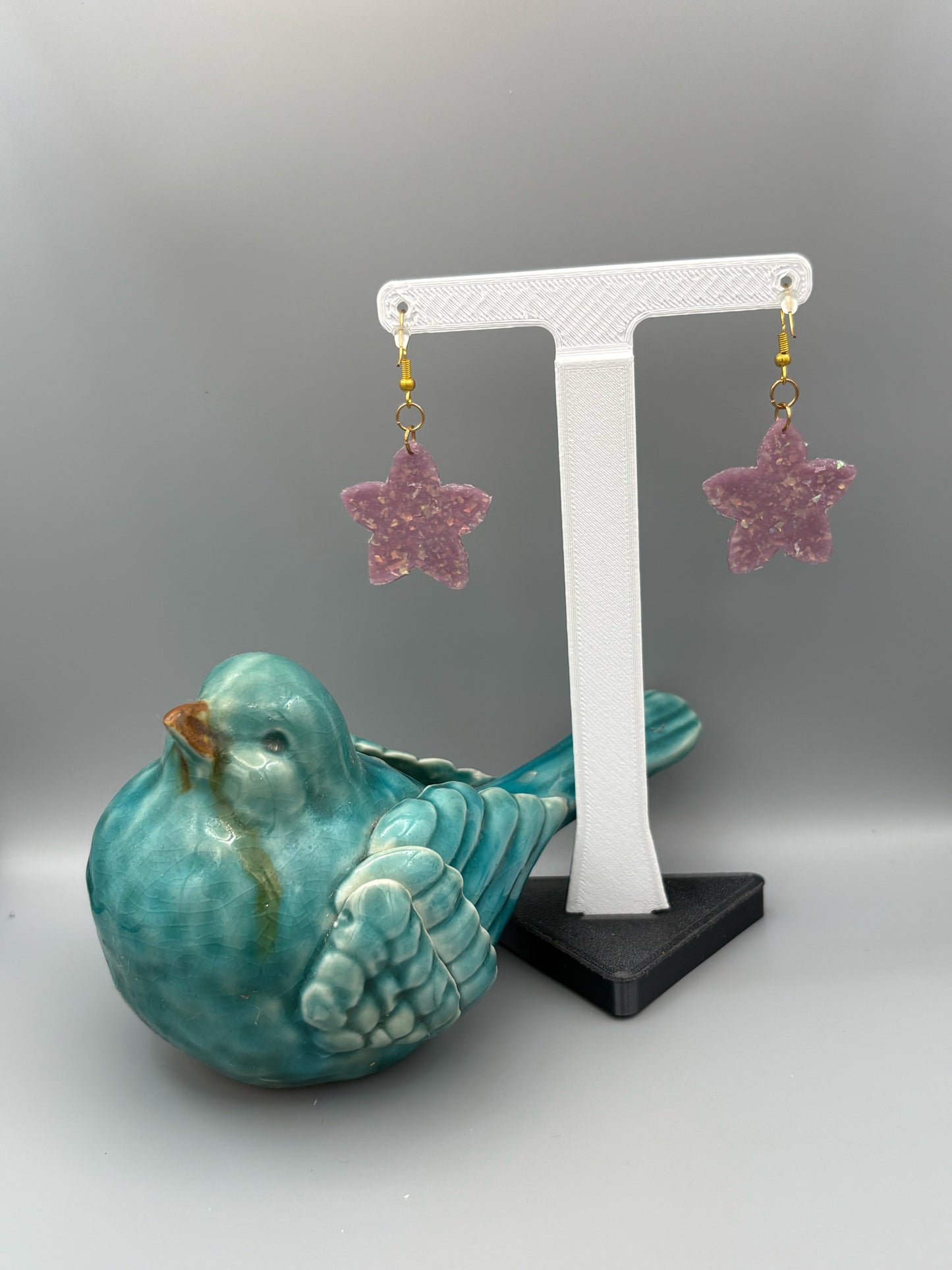 Purple Opalescent Star Flower Dangle Earrings - handcrafted polymer clay earrings by Lakeside Clay