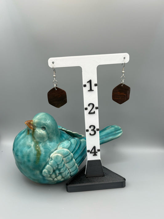 Mahogany Hexagon Dangle Earrings - handcrafted polymer clay earrings by Lakeside Clay