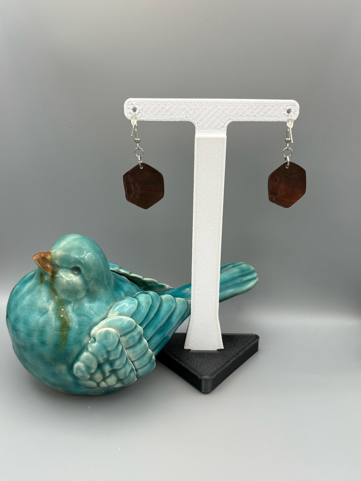 Mahogany Hexagon Dangle Earrings - handcrafted polymer clay earrings by Lakeside Clay