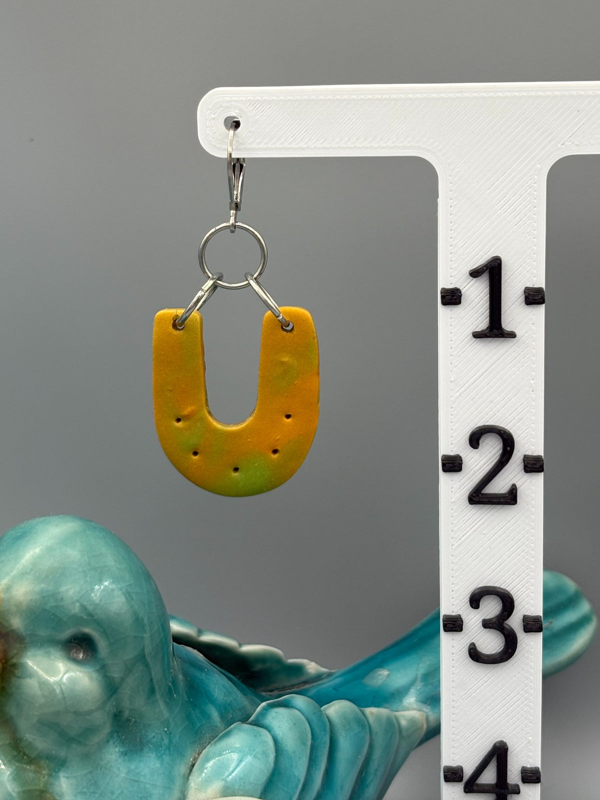 Green & Gold Horseshoe Dangle Earrings - handcrafted polymer clay earrings by Lakeside Clay