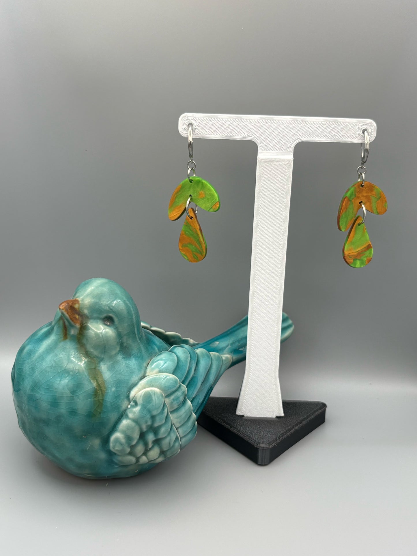 Green & Gold Curve & Drop Dangle Earrings - handcrafted polymer clay earrings by Lakeside Clay