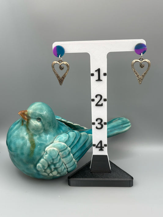 Water Colour Circle Stud Earrings with Heart Charms - handcrafted polymer clay earrings by Lakeside Clay