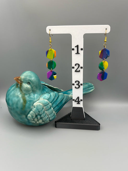 Water Colour Hexagons & Circle Dangle Earrings - handcrafted polymer clay earrings by Lakeside Clay