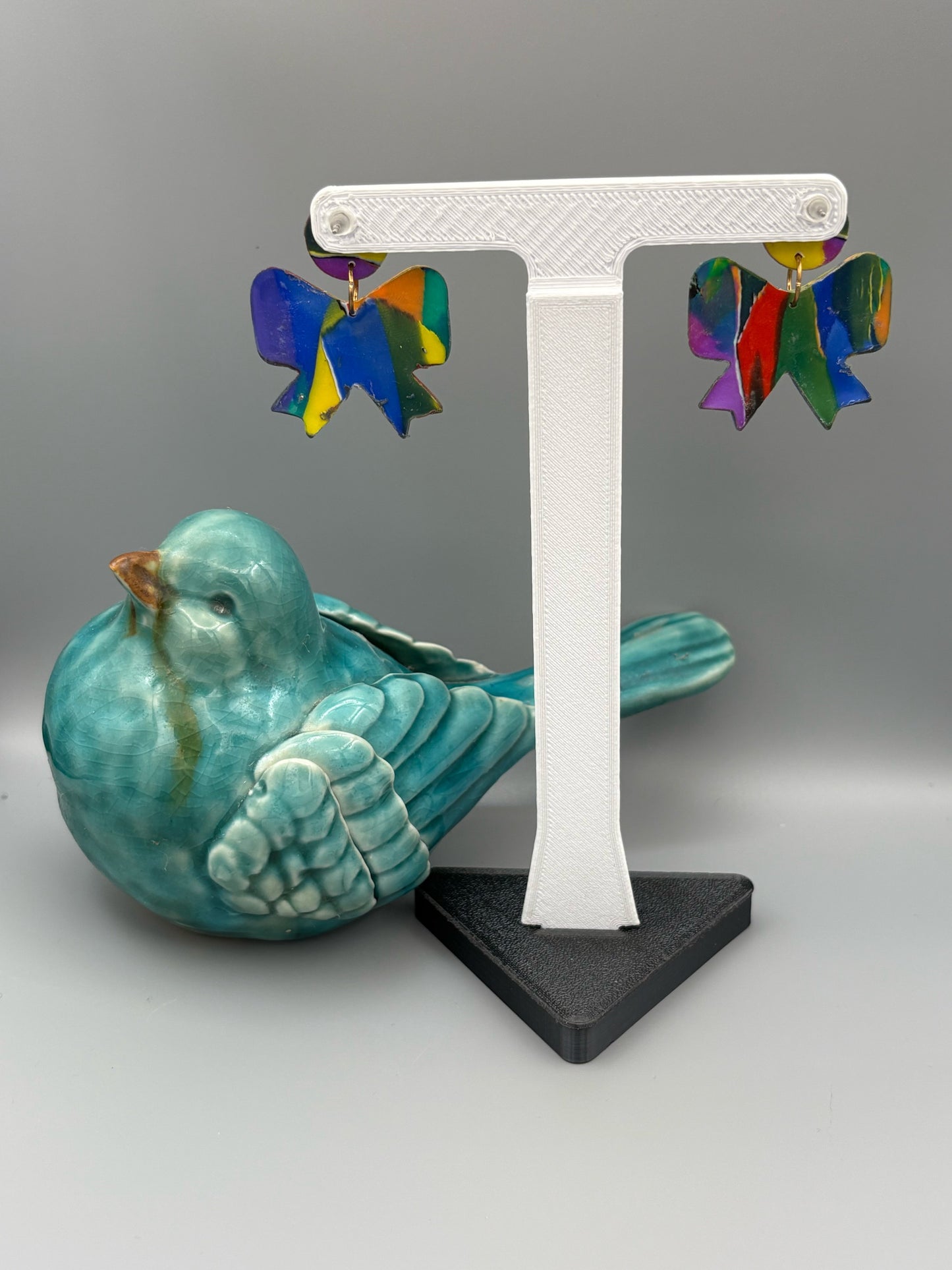 Water Colour Bow Dangle Earrings - handcrafted polymer clay earrings by Lakeside Clay