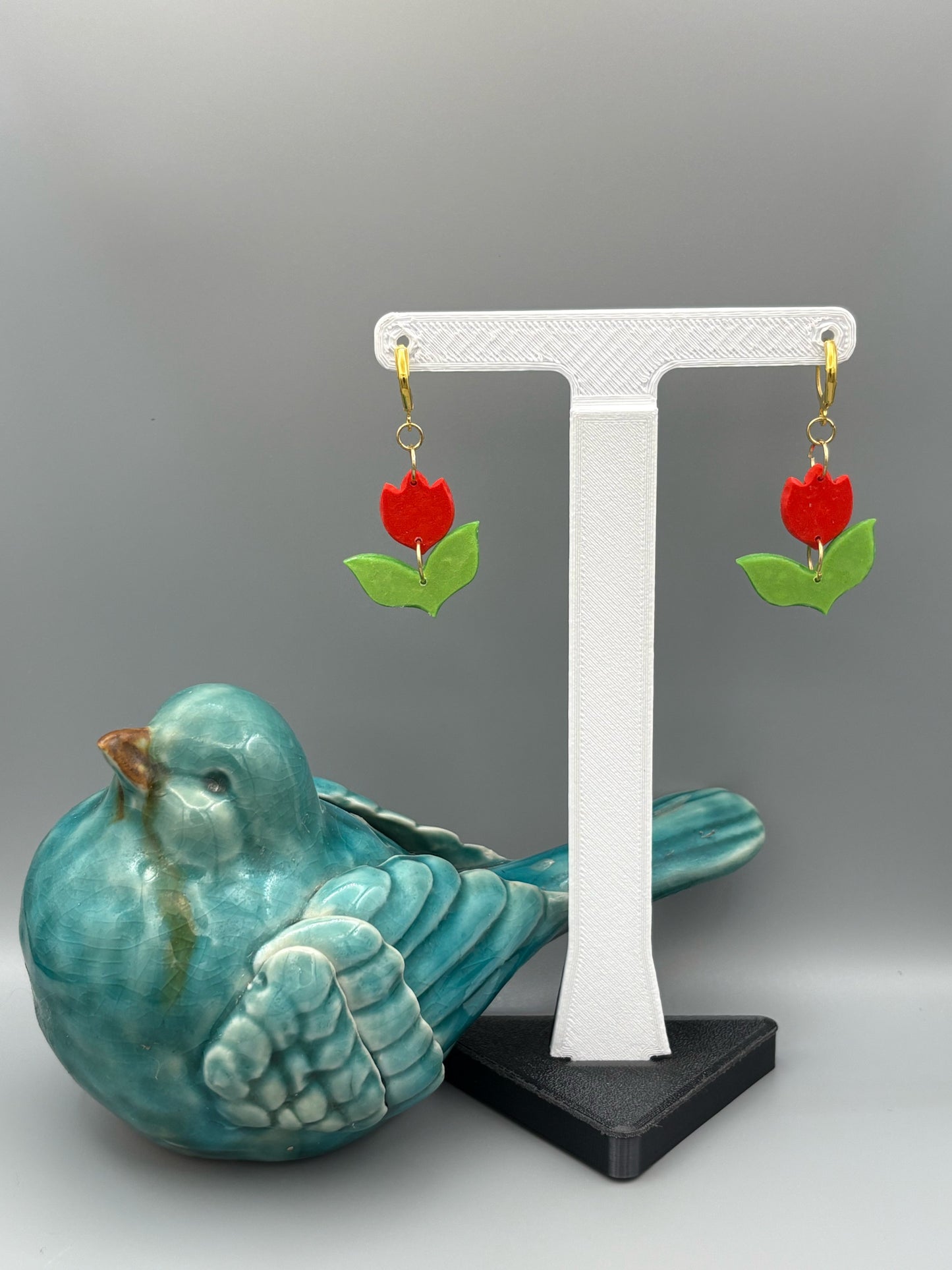 Red Tulip Dangle Earrings - handcrafted polymer clay earrings by Lakeside Clay