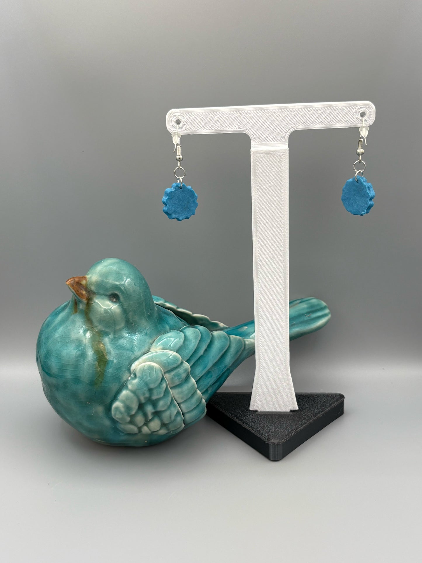 Teal 3D Flower Dangle Earrings - handcrafted polymer clay earrings by Lakeside Clay