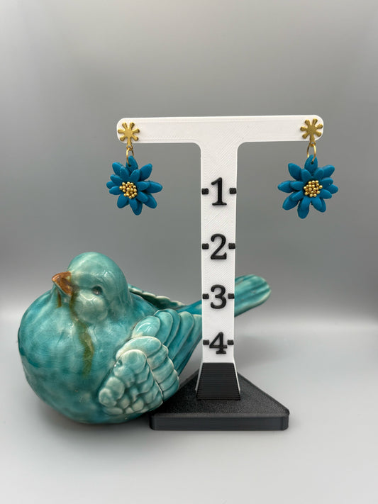Teal 3D Flower Dangle Earrings - handcrafted polymer clay earrings by Lakeside Clay
