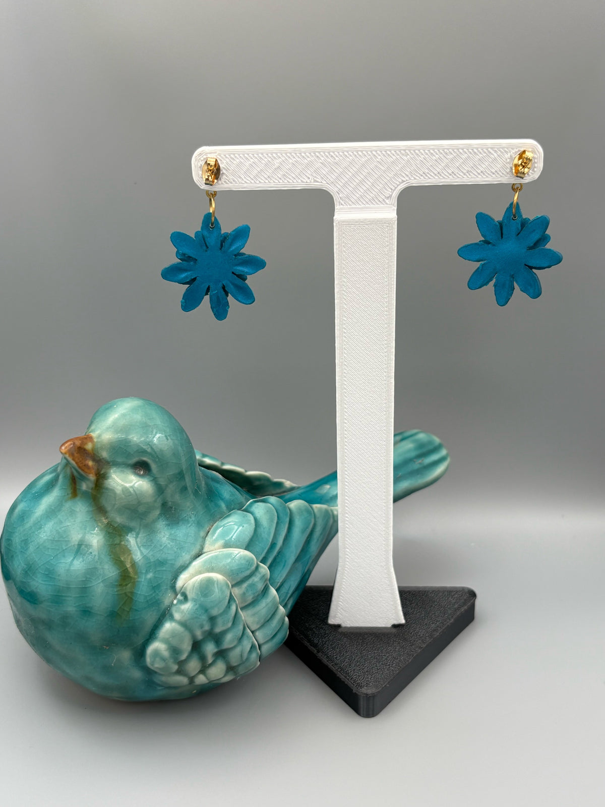 Teal 3D Flower Dangle Earrings - handcrafted polymer clay earrings by Lakeside Clay