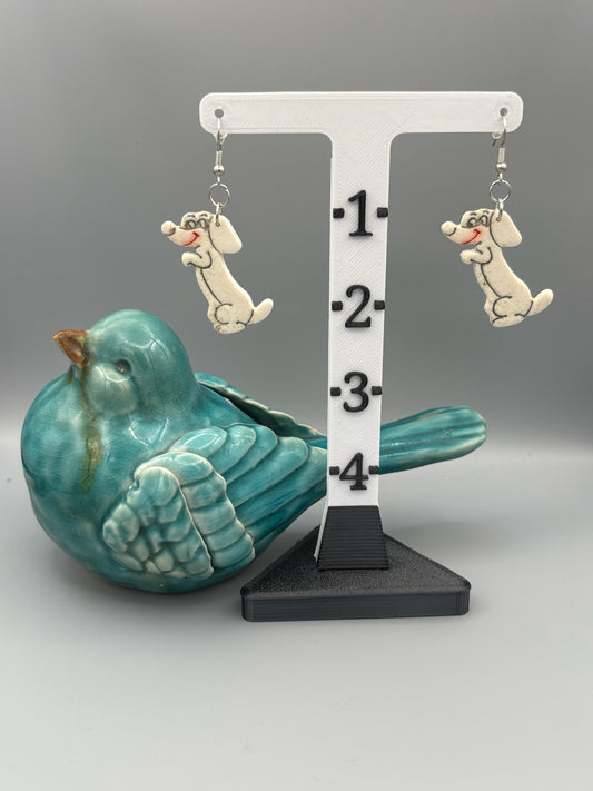 Sparkly White Begging Dog Dangle Earrings - handcrafted polymer clay earrings by Lakeside Clay