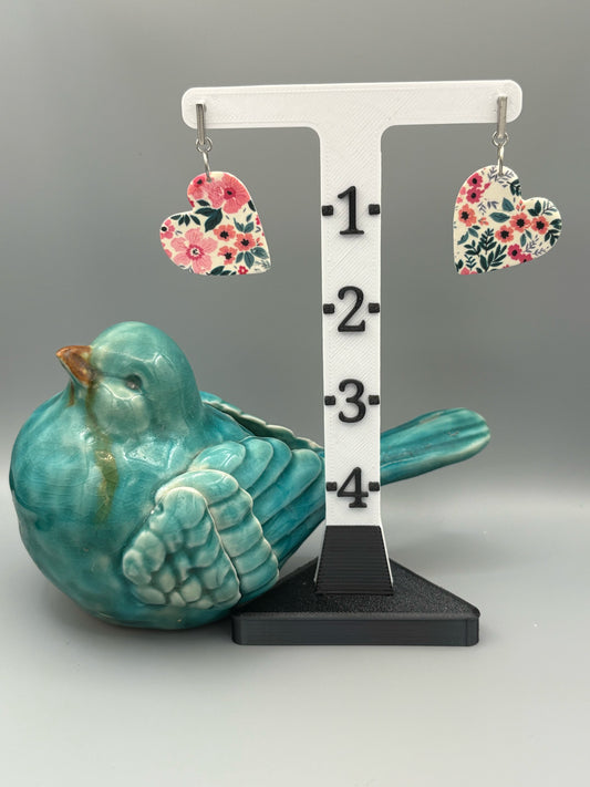 Flower Pattern Heart Dangle Earrings - handcrafted polymer clay earrings by Lakeside Clay
