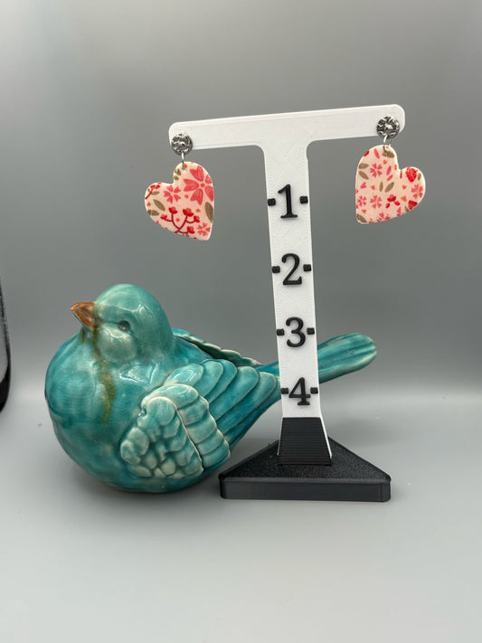 Flower Pattern Heart Dangle Earrings - handcrafted polymer clay earrings by Lakeside Clay