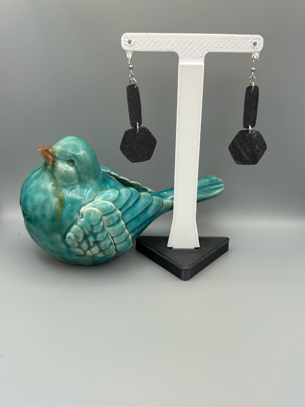 Midnight Sky Bar & Hexagon Dangle Earrings - handcrafted polymer clay earrings by Lakeside Clay