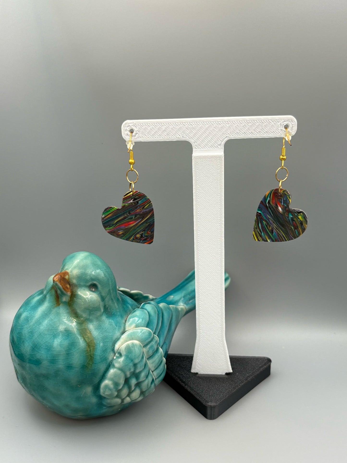 Kaleidoscope Heart Dangle Earrings - handcrafted polymer clay earrings by Lakeside Clay