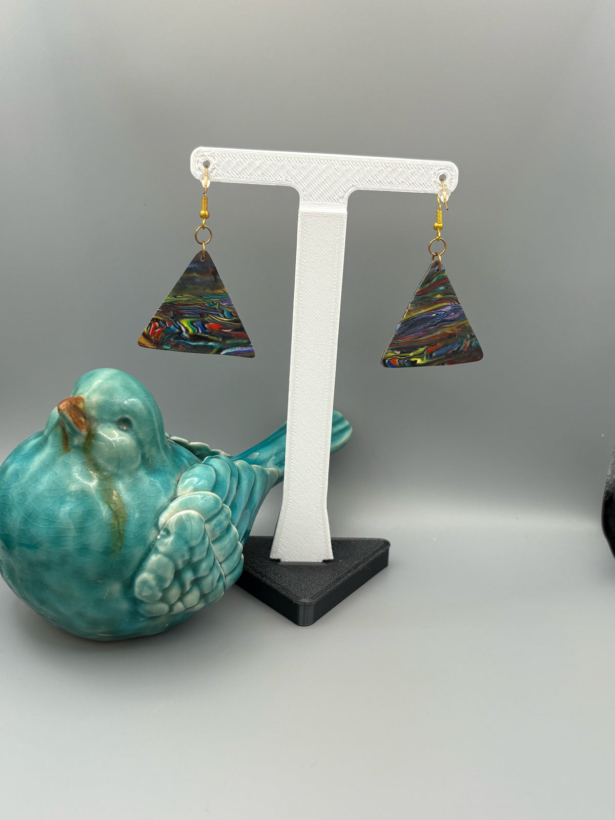 Kaleidoscope Triangle Dangle Earrings - handcrafted polymer clay earrings by Lakeside Clay