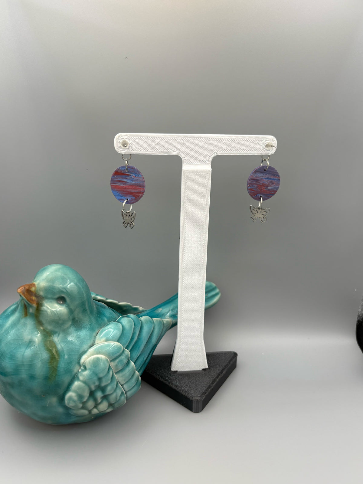 Red & Blue with Butterfly Dangle Earrings - handcrafted polymer clay earrings by Lakeside Clay