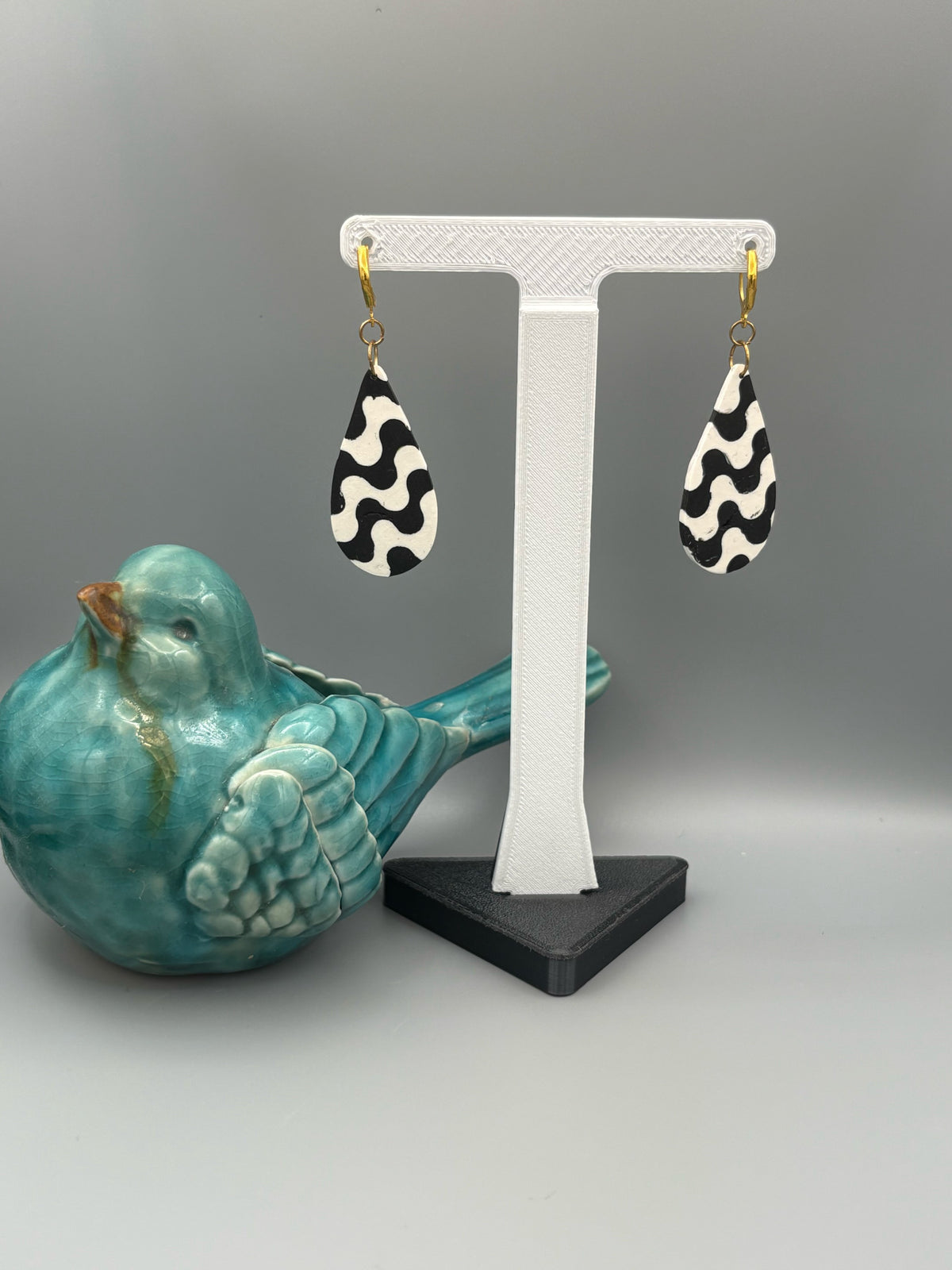 Black & White Wave Drop Dangle Earrings - handcrafted polymer clay earrings by Lakeside Clay