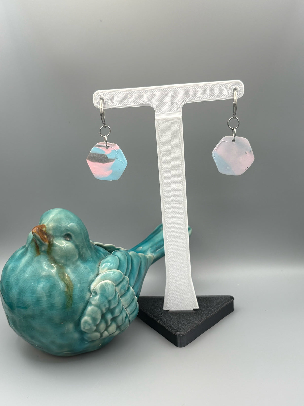 Marble Pastel Hexagon Dangle Earrings - handcrafted polymer clay earrings by Lakeside Clay