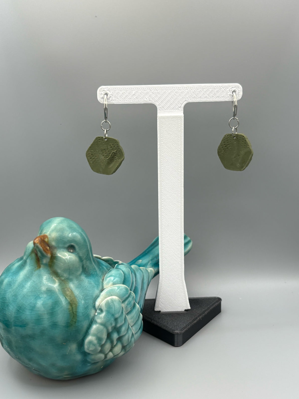 Army Green Texture Hexagon Dangle Earrings - handcrafted polymer clay earrings by Lakeside Clay