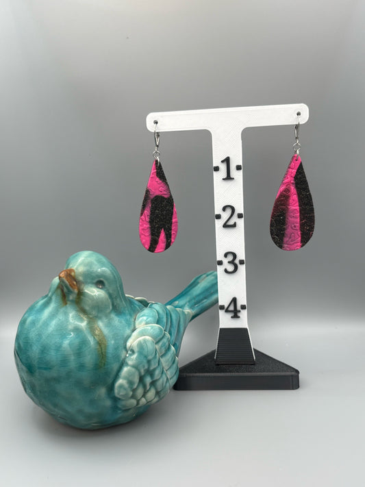 Pink & Black Leopard Drop Dangle Earrings - handcrafted polymer clay earrings by Lakeside Clay