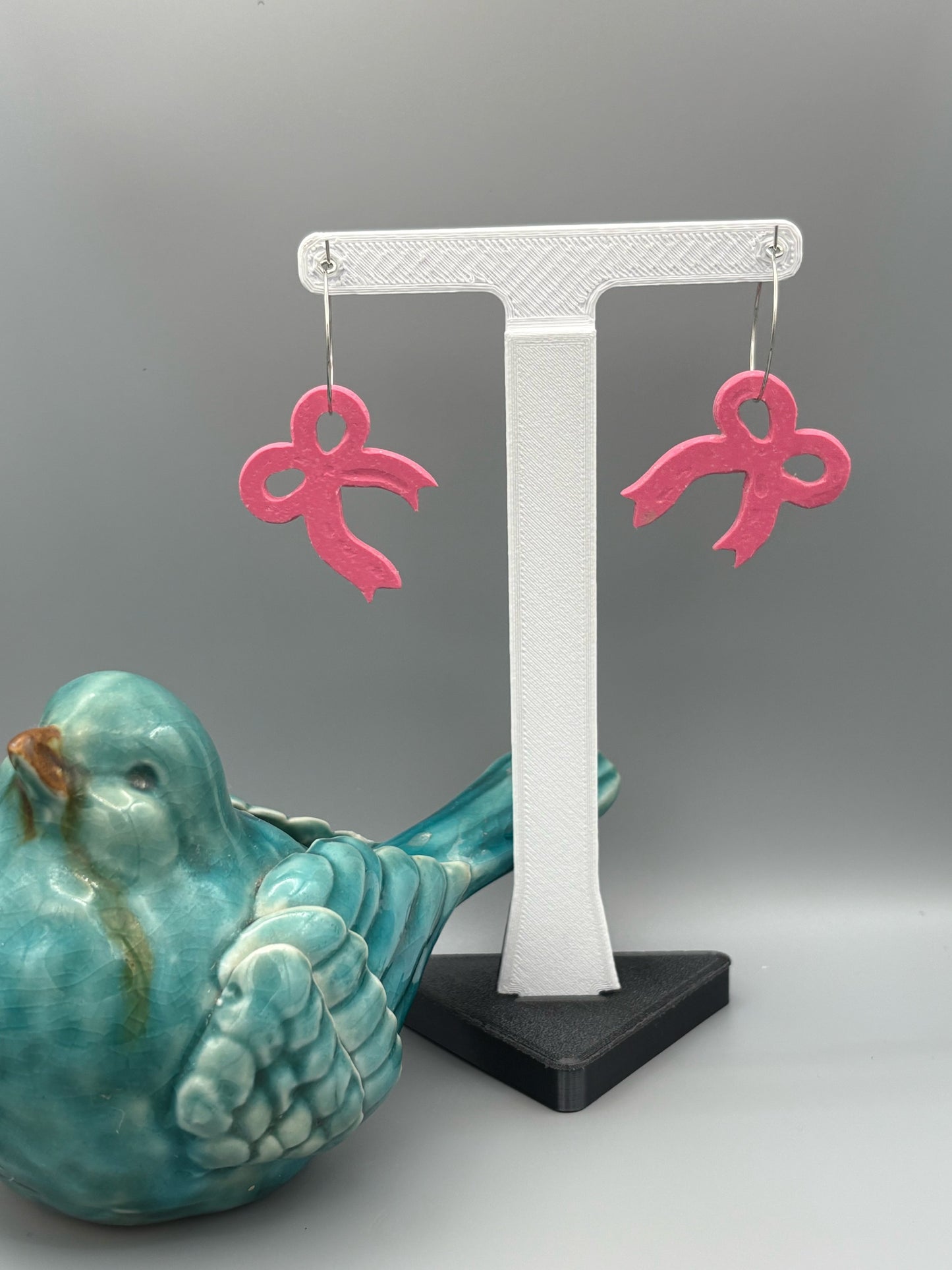 Sparkly Pink Bow Hoop Earrings - handcrafted polymer clay earrings by Lakeside Clay