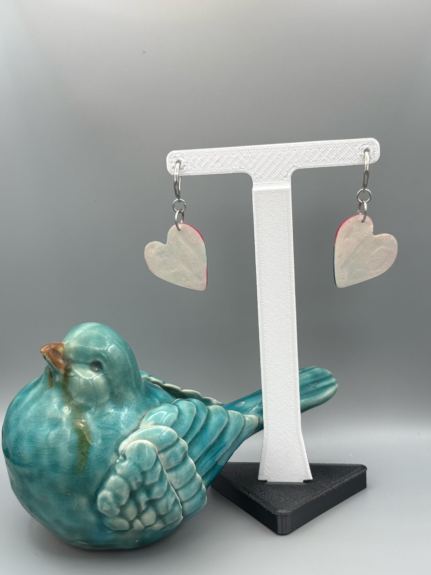 Gilded Peacock Heart Dangle Earrings - handcrafted polymer clay earrings by Lakeside Clay