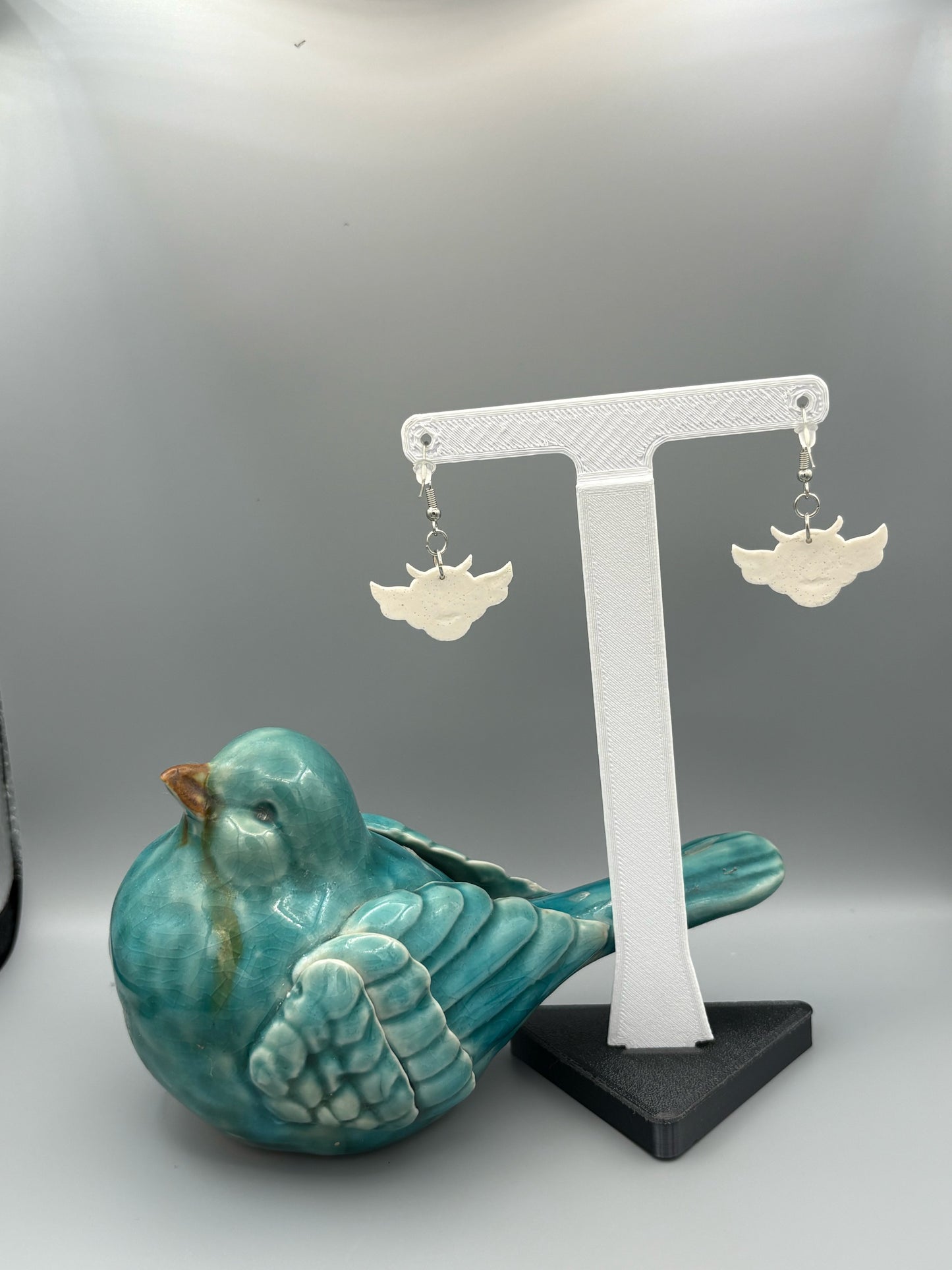 White Sparkly Owl Dangle Earrings - handcrafted polymer clay earrings by Lakeside Clay