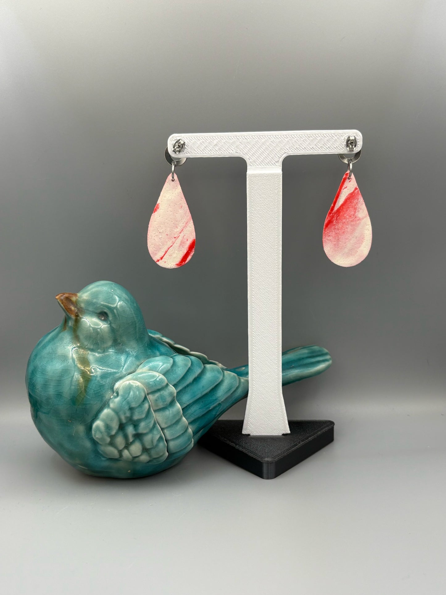 Red & White Marble Drop Dangle Earrings - handcrafted polymer clay earrings by Lakeside Clay