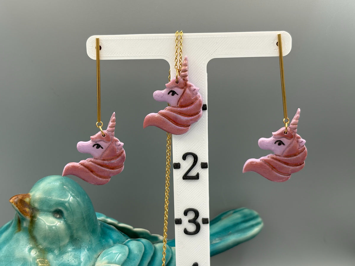 Purple Unicorn Dangle Earrings & Necklace Set - handcrafted polymer clay earrings by Lakeside Clay