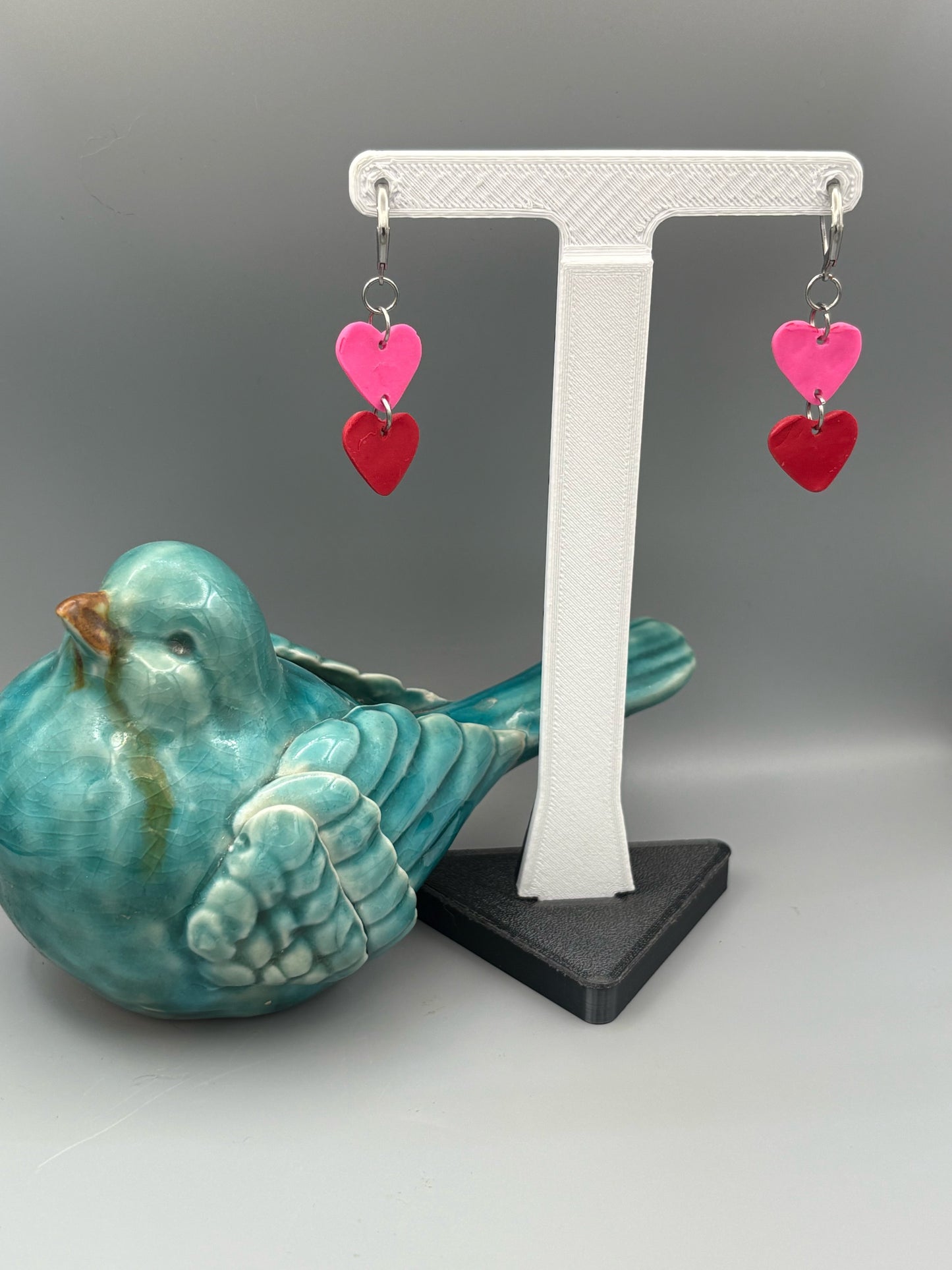 Red & Pink Heart Dangle Earrings - handcrafted polymer clay earrings by Lakeside Clay