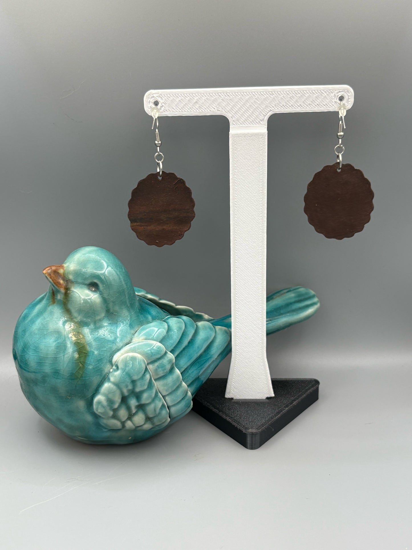 Mahogany Scalloped Circle Dangle Earrings - handcrafted polymer clay earrings by Lakeside Clay