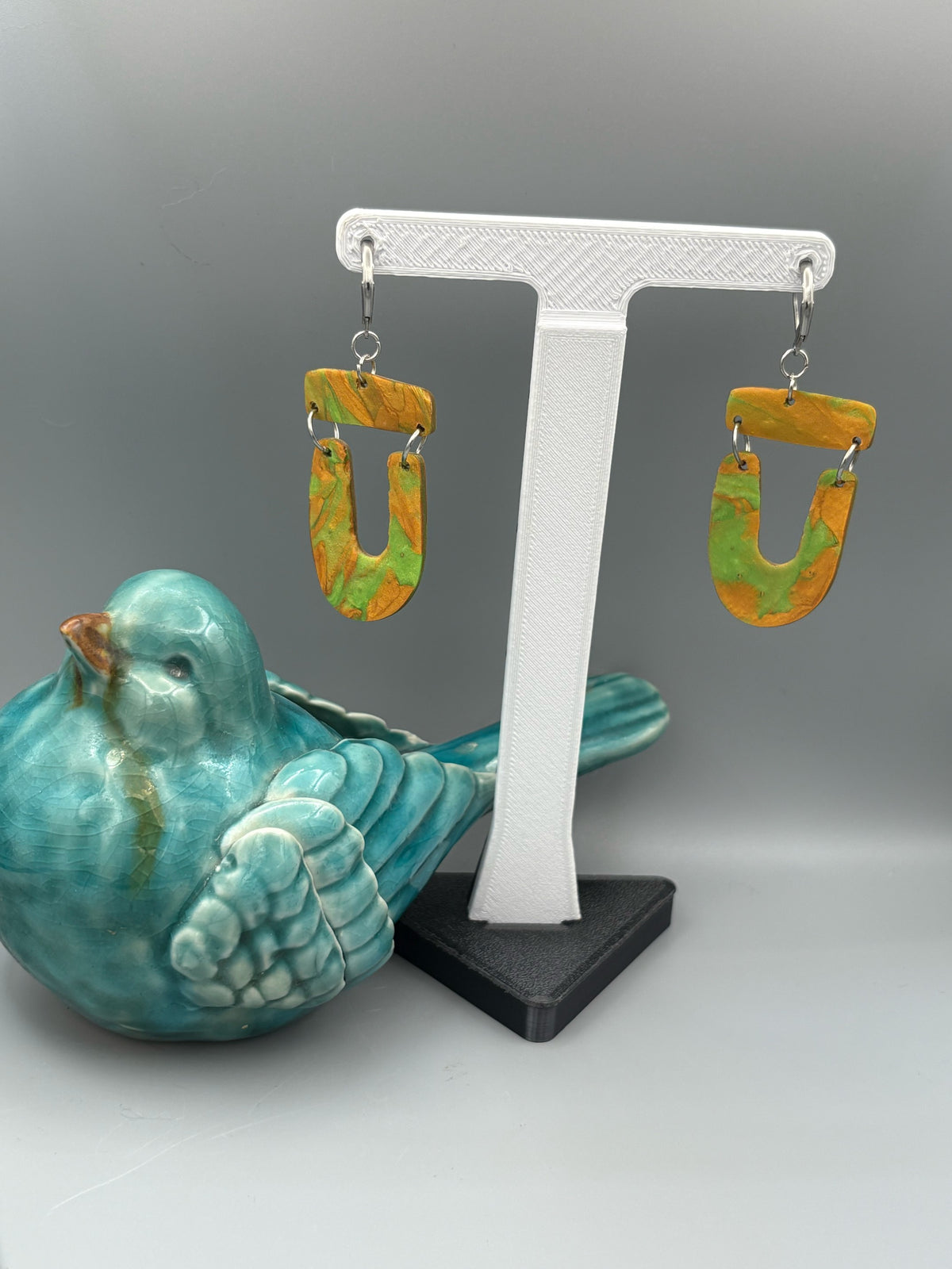 Green & Gold Bar & Horseshoe Dangle Earrings - handcrafted polymer clay earrings by Lakeside Clay